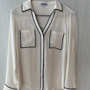 Express Ivory Button-Down Blouse with Black Piping